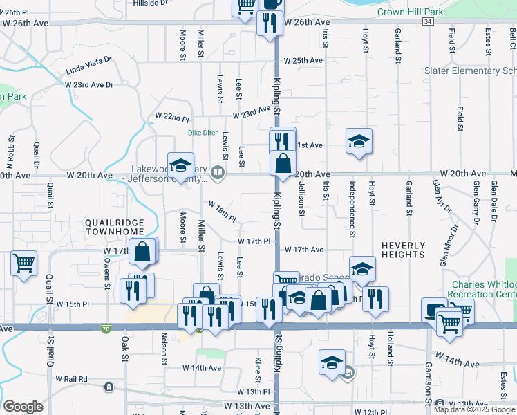 map of restaurants, bars, coffee shops, grocery stores, and more near 10125 Lee Lane in Lakewood