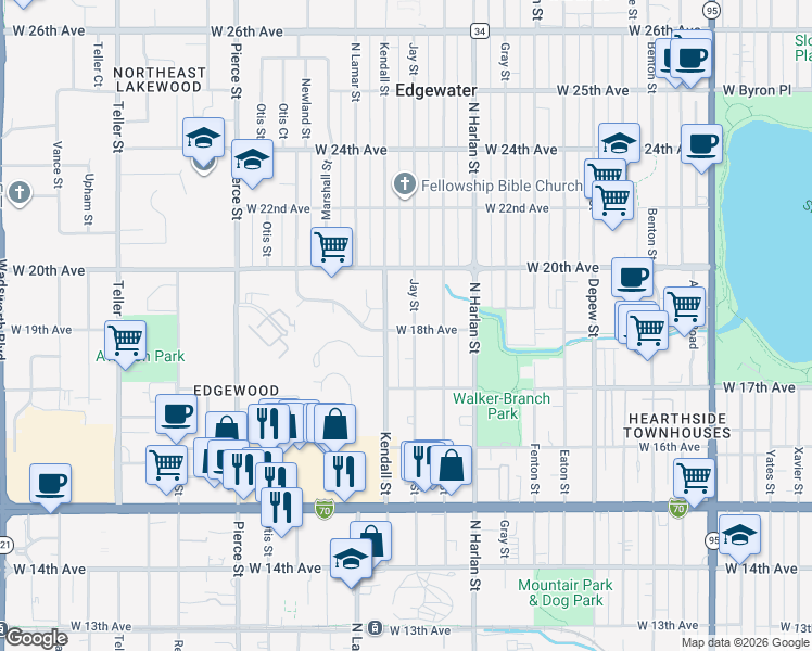 map of restaurants, bars, coffee shops, grocery stores, and more near 1790 Kendall Street in Lakewood