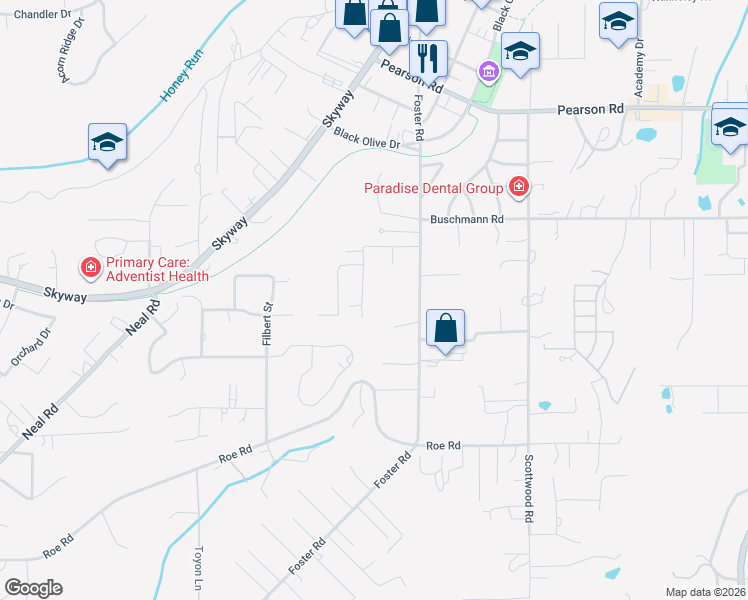 map of restaurants, bars, coffee shops, grocery stores, and more near 542 Hillcrest Drive in Paradise