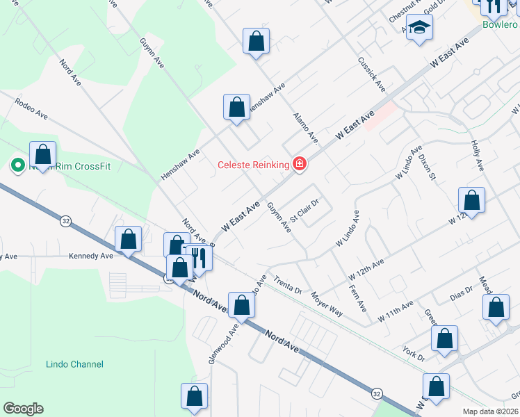 map of restaurants, bars, coffee shops, grocery stores, and more near 1008 Meier Drive in Chico