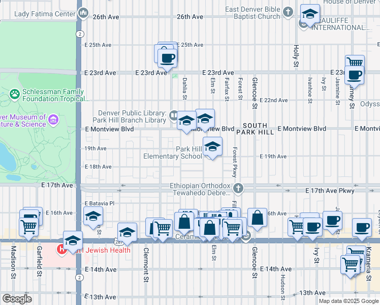 map of restaurants, bars, coffee shops, grocery stores, and more near 1901 Eudora Street in Denver