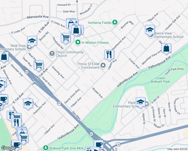 map of restaurants, bars, coffee shops, grocery stores, and more near 1274 Filbert Avenue in Chico