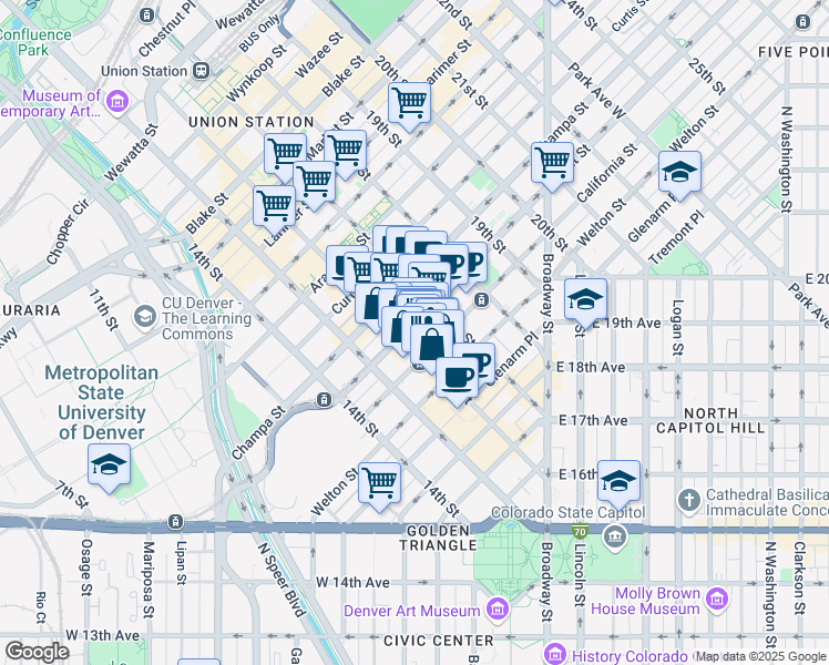 map of restaurants, bars, coffee shops, grocery stores, and more near 801 16th Street Mall in Denver