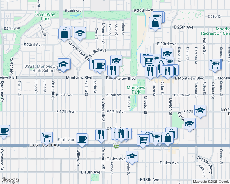 map of restaurants, bars, coffee shops, grocery stores, and more near 1792 Akron Street in Aurora