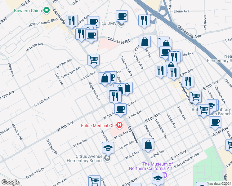 map of restaurants, bars, coffee shops, grocery stores, and more near 1824 Esplanade in Chico