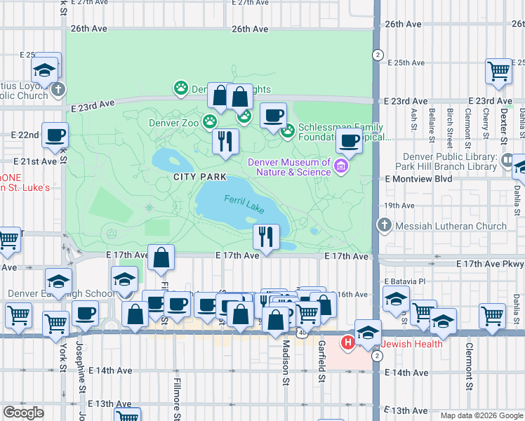 map of restaurants, bars, coffee shops, grocery stores, and more near in Denver