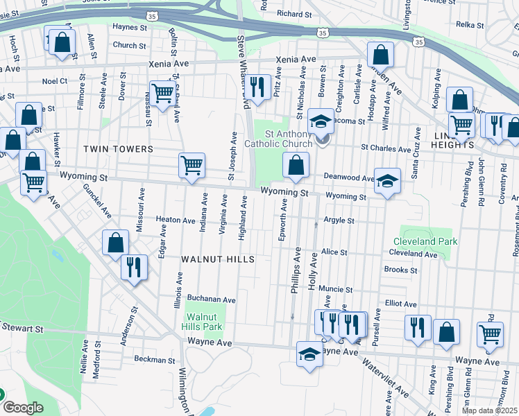 map of restaurants, bars, coffee shops, grocery stores, and more near 1031 Pritz Avenue in Dayton
