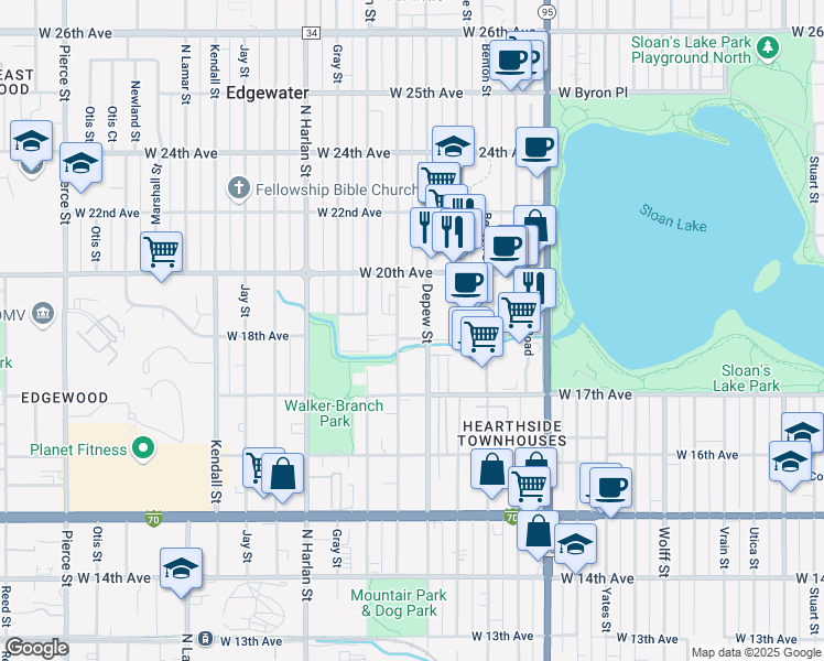 map of restaurants, bars, coffee shops, grocery stores, and more near 5625 West 18th Avenue in Lakewood