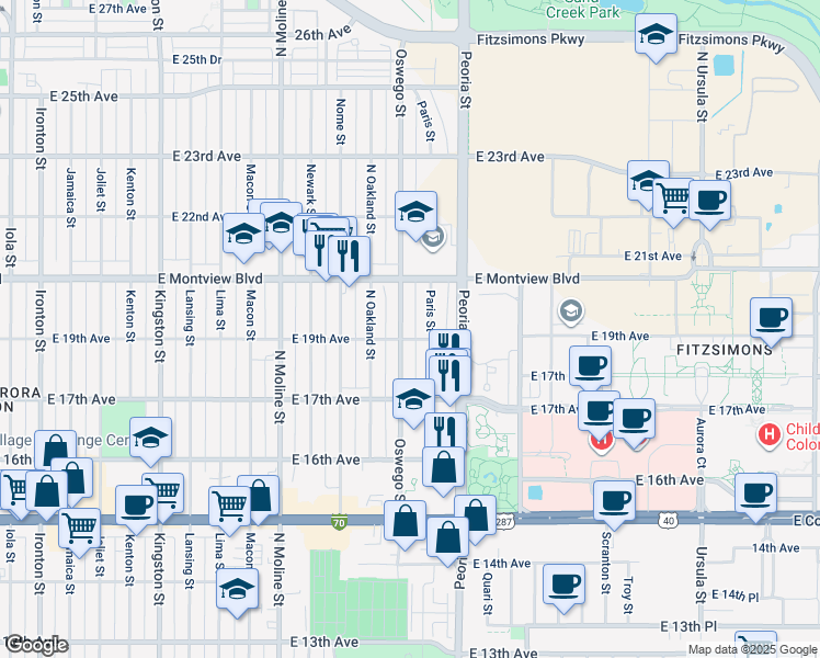 map of restaurants, bars, coffee shops, grocery stores, and more near 1789 Paris Street in Aurora