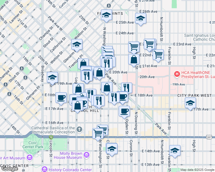 map of restaurants, bars, coffee shops, grocery stores, and more near 1828 North Clarkson street in Denver