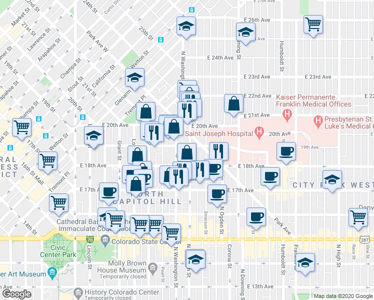 map of restaurants, bars, coffee shops, grocery stores, and more near 1828 North Clarkson street in Denver