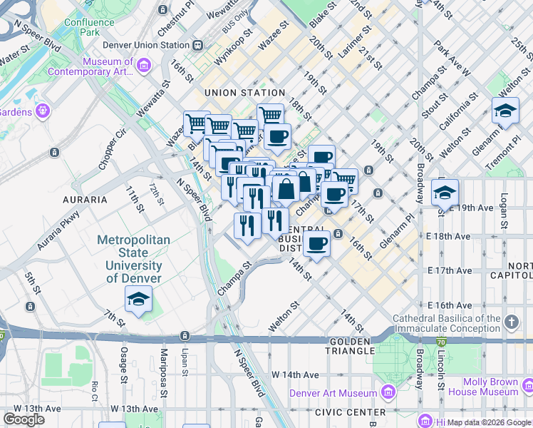 map of restaurants, bars, coffee shops, grocery stores, and more near in Denver