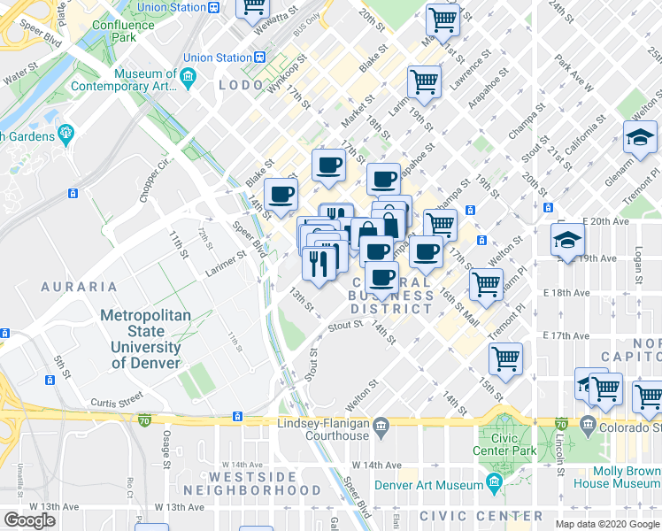 map of restaurants, bars, coffee shops, grocery stores, and more near 1401 Curtis Street in Denver