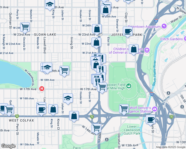 map of restaurants, bars, coffee shops, grocery stores, and more near 1803 Grove Street in Denver