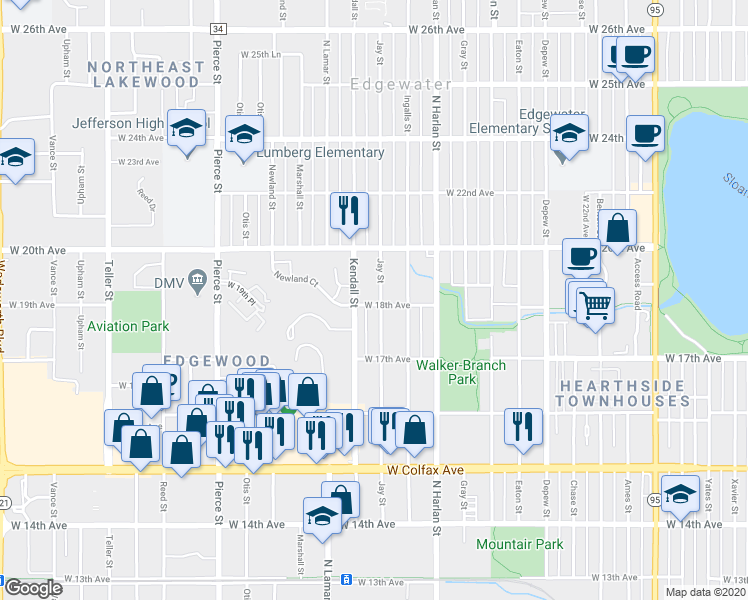 map of restaurants, bars, coffee shops, grocery stores, and more near 1790 Kendall Street in Lakewood