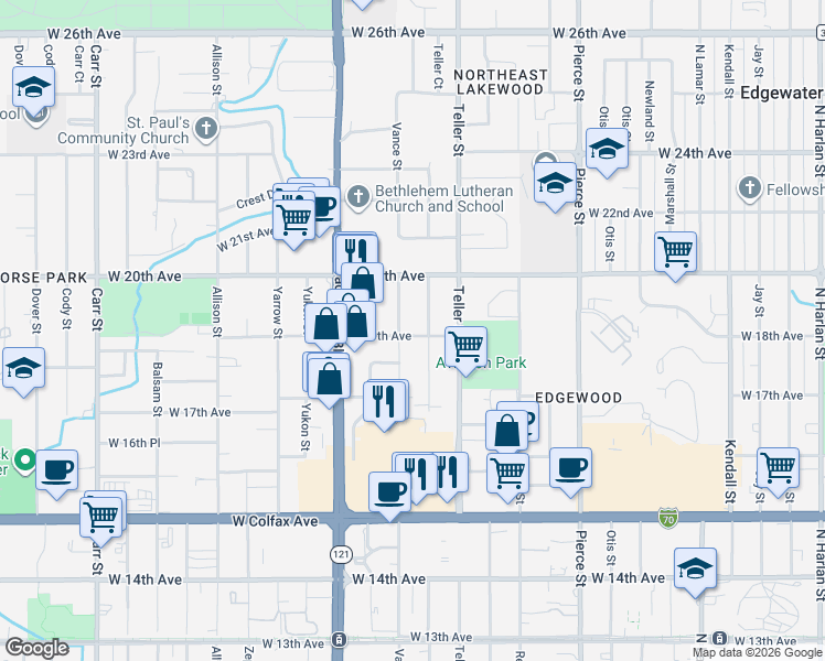 map of restaurants, bars, coffee shops, grocery stores, and more near 1881 Upham Street in Lakewood