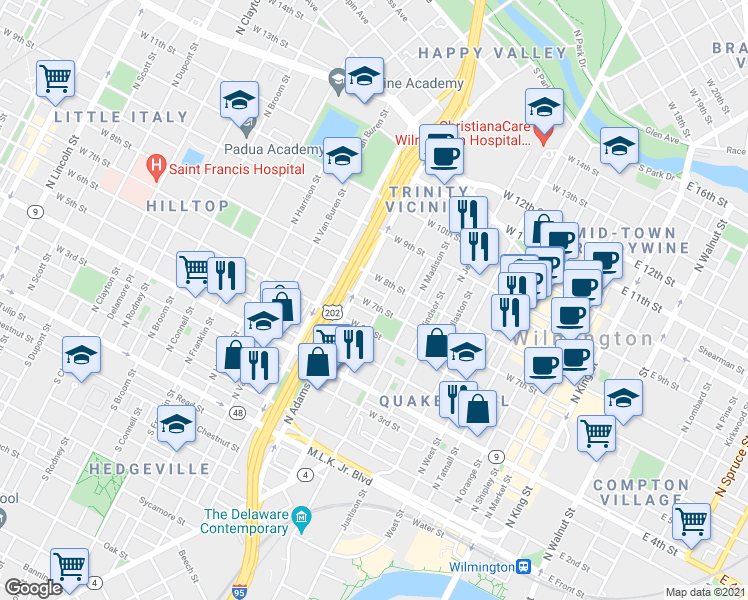 map of restaurants, bars, coffee shops, grocery stores, and more near 5 Beatty Place in Wilmington