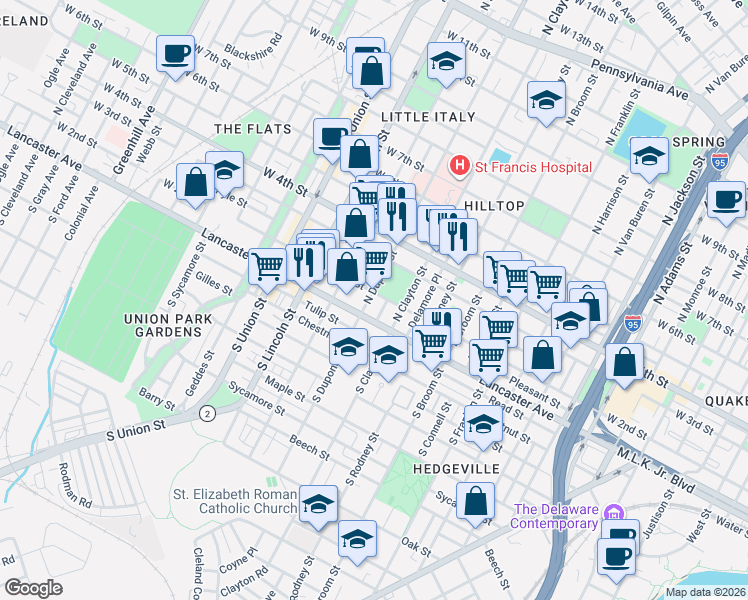 map of restaurants, bars, coffee shops, grocery stores, and more near 108 Ruth Street in Wilmington