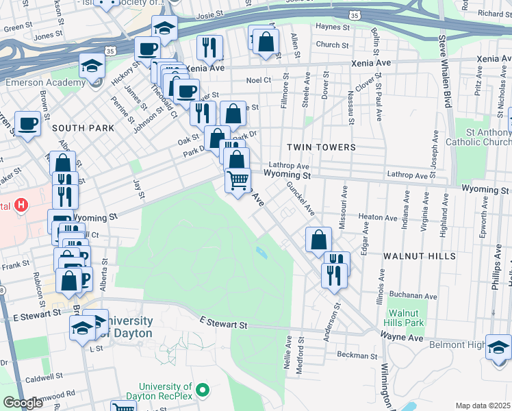 map of restaurants, bars, coffee shops, grocery stores, and more near 18 Glencoe Avenue in Dayton