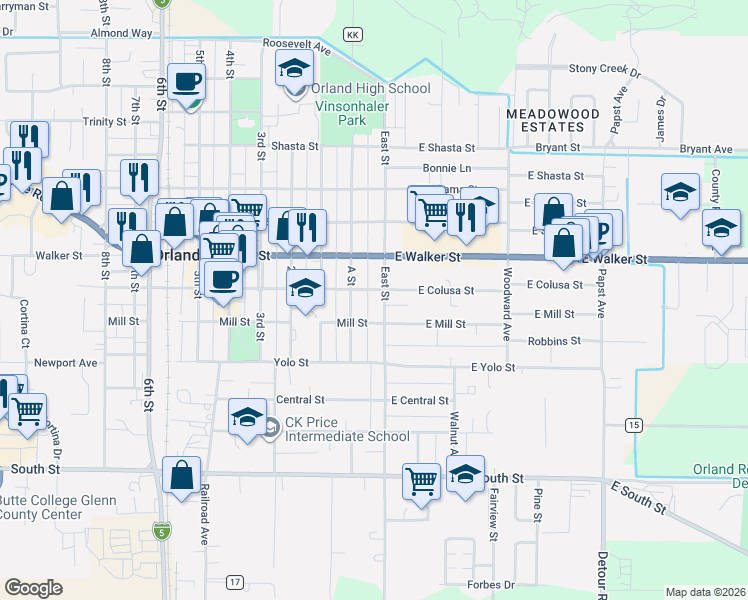 map of restaurants, bars, coffee shops, grocery stores, and more near 810 East Street in Orland