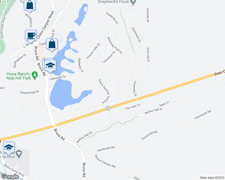 map of restaurants, bars, coffee shops, grocery stores, and more near 2770 Sierra Ladera in Chico