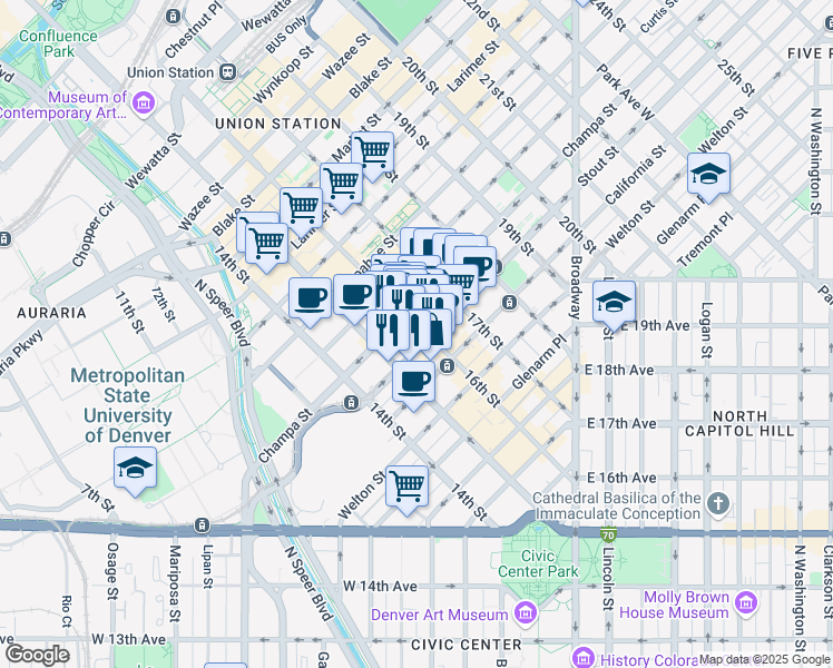 map of restaurants, bars, coffee shops, grocery stores, and more near 1543 Stout Street in Denver