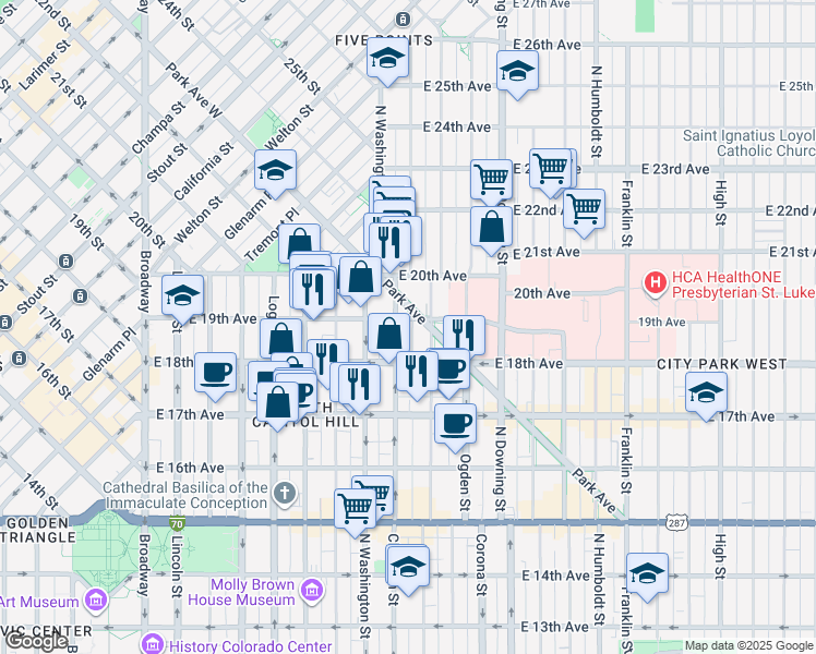 map of restaurants, bars, coffee shops, grocery stores, and more near 1828 North Clarkson street in Denver