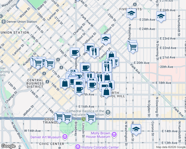 map of restaurants, bars, coffee shops, grocery stores, and more near 1888 Sherman Street in Denver