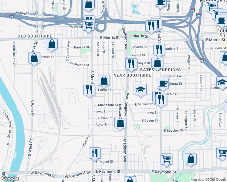 map of restaurants, bars, coffee shops, grocery stores, and more near 1618 Delaware Street in Indianapolis