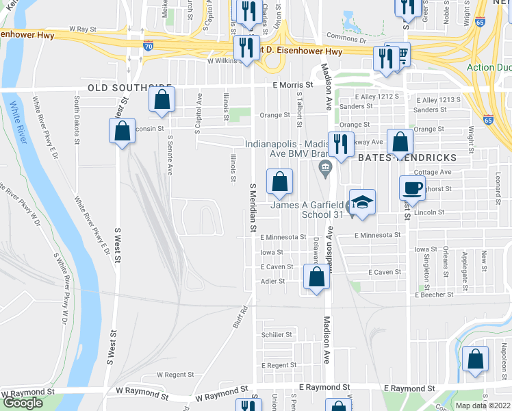 map of restaurants, bars, coffee shops, grocery stores, and more near 1601 South Meridian Street in Indianapolis