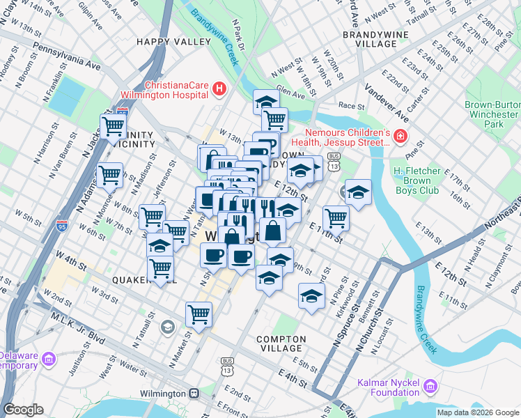 map of restaurants, bars, coffee shops, grocery stores, and more near 901 North Market Street in Wilmington