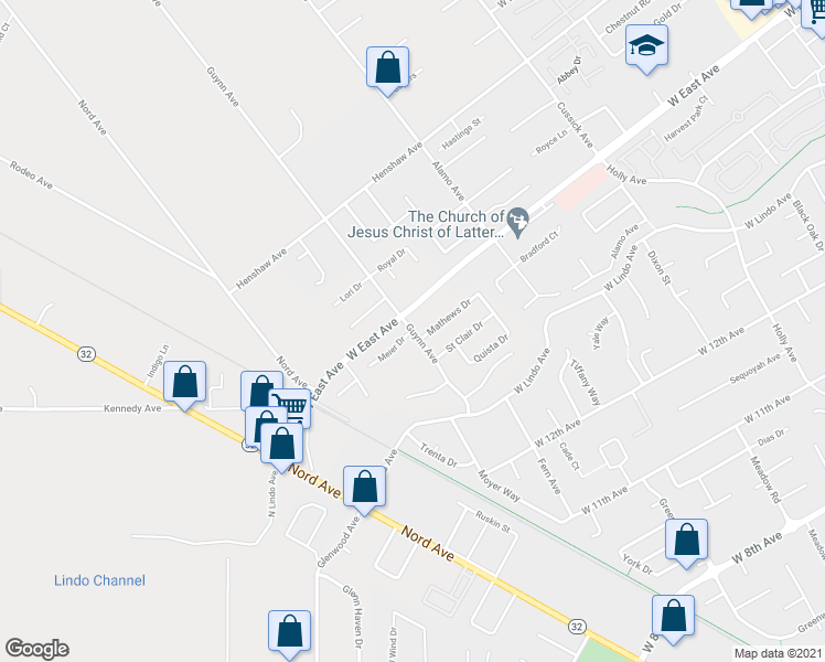 map of restaurants, bars, coffee shops, grocery stores, and more near Guynn Avenue & Meier Drive in Chico
