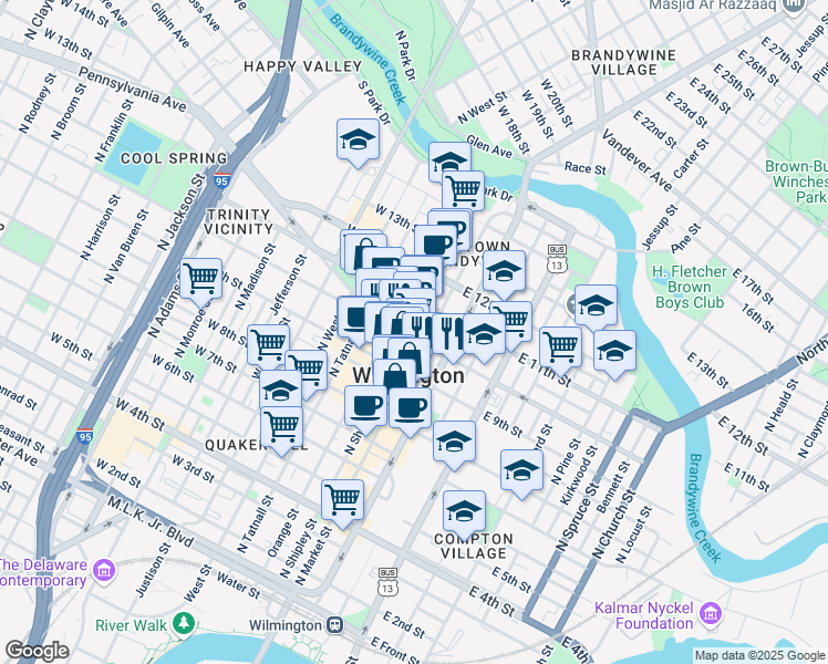 map of restaurants, bars, coffee shops, grocery stores, and more near 5 West 10th Street in Wilmington