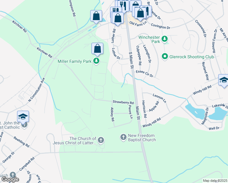 map of restaurants, bars, coffee shops, grocery stores, and more near 8 Abbey Road in New Freedom
