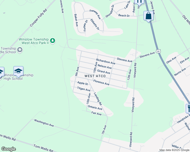 map of restaurants, bars, coffee shops, grocery stores, and more near in Winslow Township