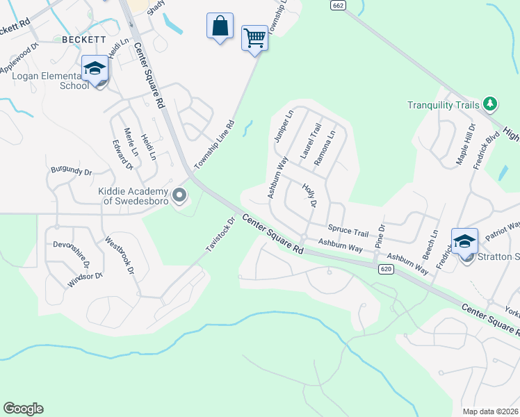 map of restaurants, bars, coffee shops, grocery stores, and more near 4 Ethan Terrace in Woolwich Township