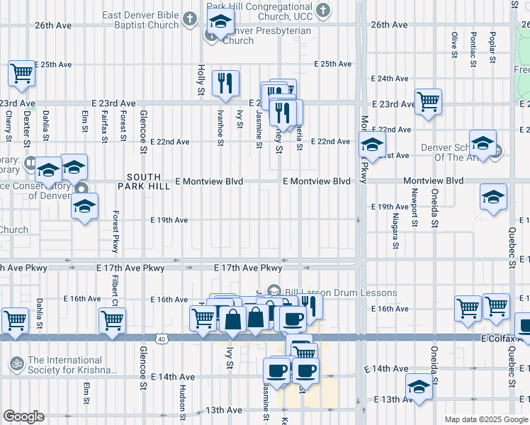 map of restaurants, bars, coffee shops, grocery stores, and more near 1795 Jasmine Street in Denver