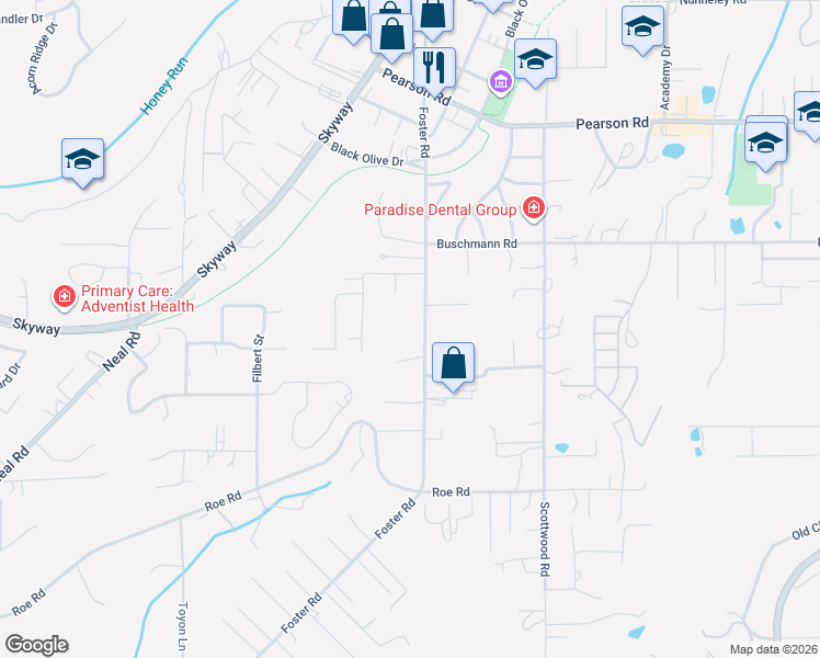 map of restaurants, bars, coffee shops, grocery stores, and more near 5493 Foster Road in Paradise