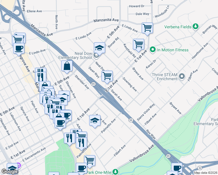 map of restaurants, bars, coffee shops, grocery stores, and more near 1087 Sarah Avenue in Chico