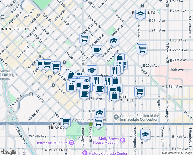 map of restaurants, bars, coffee shops, grocery stores, and more near 1845 Sherman Street in Denver