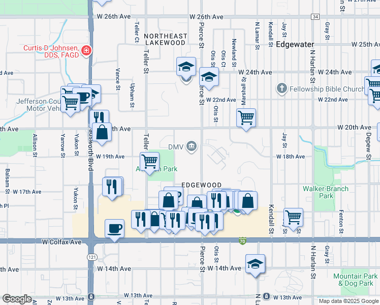 map of restaurants, bars, coffee shops, grocery stores, and more near 1881 Pierce Street in Lakewood