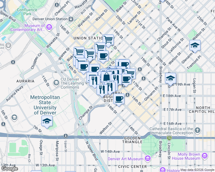 map of restaurants, bars, coffee shops, grocery stores, and more near in Denver