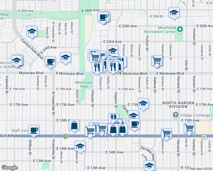 map of restaurants, bars, coffee shops, grocery stores, and more near 9591 East 19th Avenue in Aurora