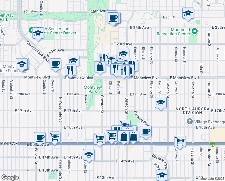 map of restaurants, bars, coffee shops, grocery stores, and more near 9591 East 19th Avenue in Aurora