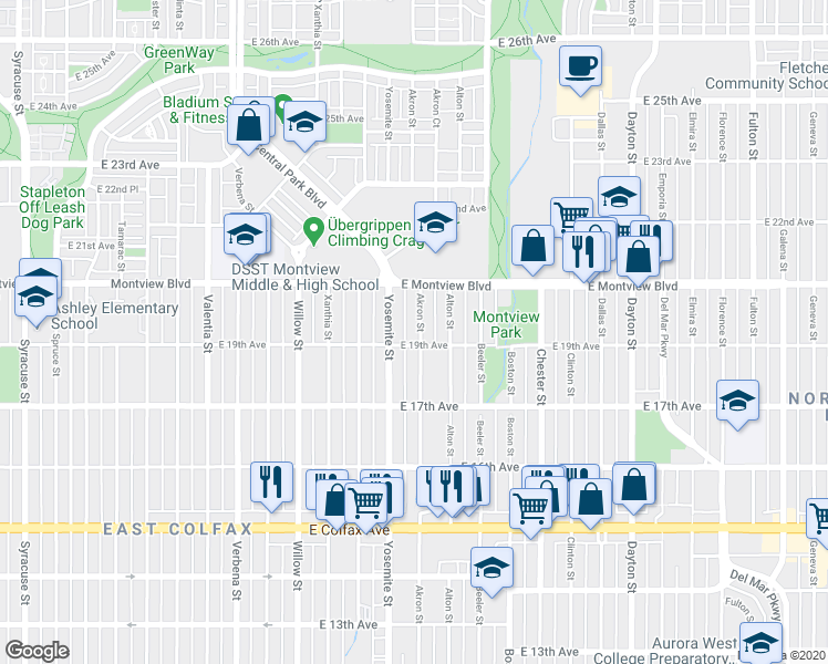 map of restaurants, bars, coffee shops, grocery stores, and more near 1792 Akron Street in Aurora