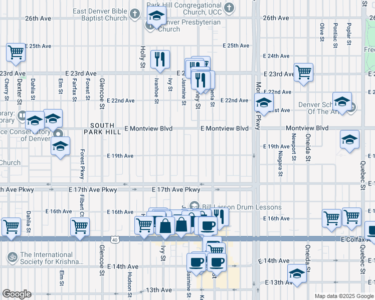 map of restaurants, bars, coffee shops, grocery stores, and more near 1795 Jasmine Street in Denver
