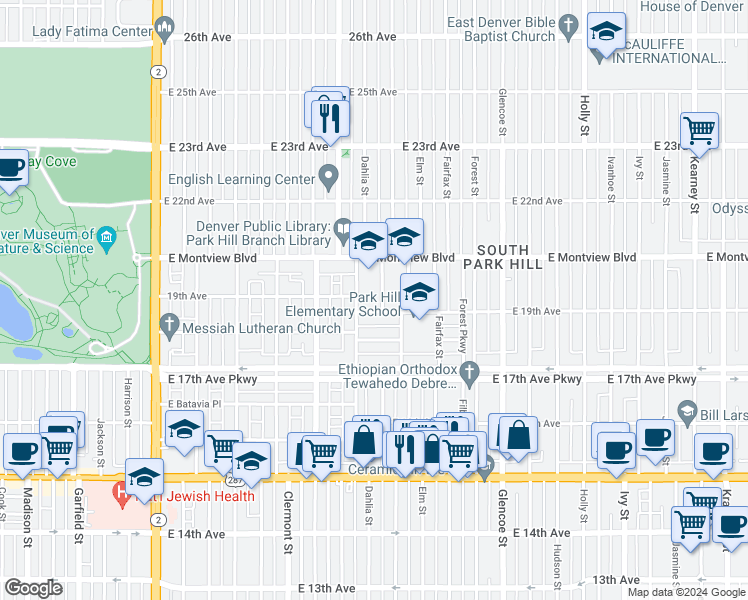 map of restaurants, bars, coffee shops, grocery stores, and more near 4844 East 19th Avenue in Denver