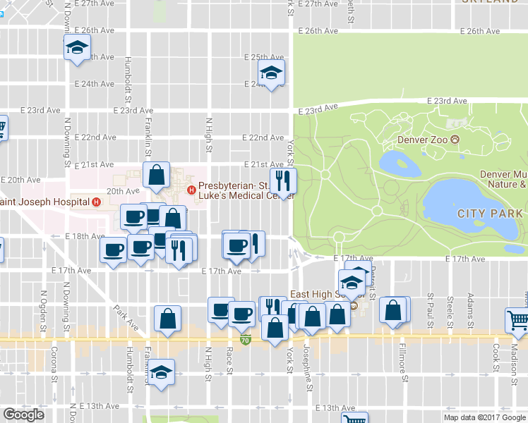 map of restaurants, bars, coffee shops, grocery stores, and more near in Denver