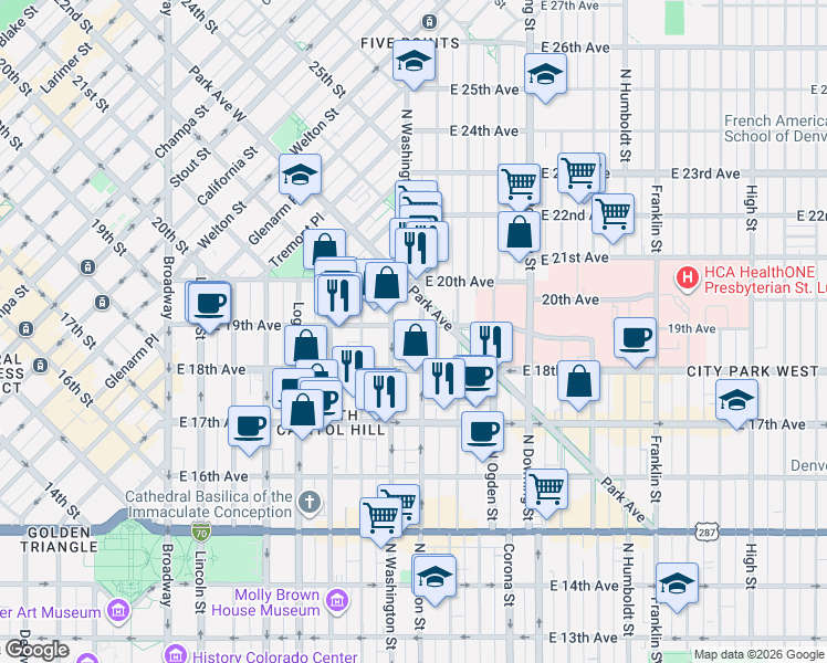 map of restaurants, bars, coffee shops, grocery stores, and more near 1828 North Clarkson street in Denver