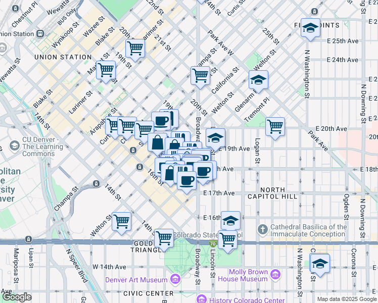map of restaurants, bars, coffee shops, grocery stores, and more near in Denver